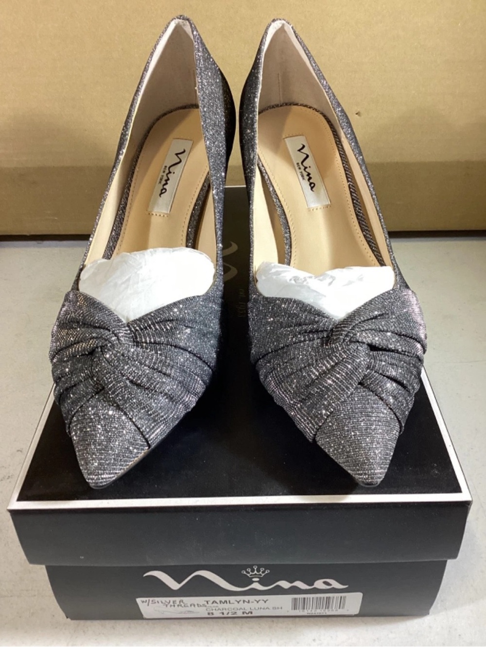 Nina Metallic Gray Knot Pointed-Toe Pumps